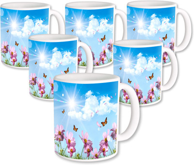 

Heyworlds Gifts for Mornig Flower Design set of six Ceramic Mug(325 ml, Pack of 6), Multicolor
