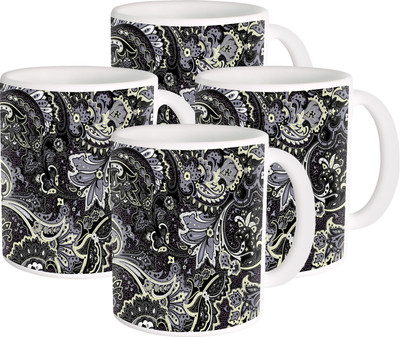 

Heyworlds black flower design 01 Ceramic Mug(325 ml, Pack of 4), Multicolor