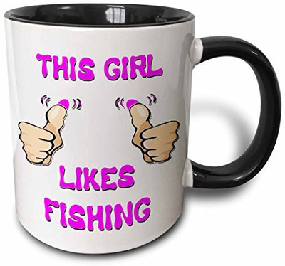 

3dRose mug_150614_4 This Girl Likes Fishing Two Tone Black, 11 oz, Black/White Ceramic Mug(60 ml), Multicolor