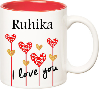 

Huppme I Love You Ruhika Inner Red (350 ml) Ceramic Mug(350 ml), Red;white