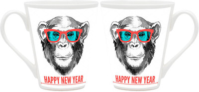

Homesogood Chimps Celebrating New Year Ceramic Mug(355 ml, Pack of 2)
