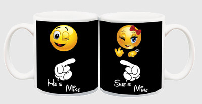 

ME&YOU Gift for Husband/Wife/Boyfriend/Girlfriend/Couples On Anniversary Or Special Occasion;He/She Is Mine With Smiley Printed Ceramic Mug(325 ml, Pack of 2), Multicolor