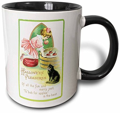 

3dRose mug_126110_4 Vintage Halloween Little Girl Bobbing for Apples with a Black Cat Two Tone Black, 11 oz, Black/White Ceramic Mug(60 ml)