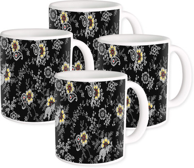 

Heyworlds black flower design Ceramic Mug(325 ml, Pack of 4), Multicolor