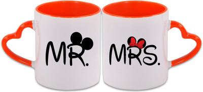 

KDT Mrs & Mr Heart Handle Ceramic Mug(350 ml, Pack of 2), Multicolor