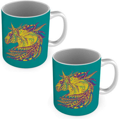 Home India Designer Horse Printed Delightful Coffees Pair 554 Ceramic Mug(300 ml, Pack of 2), Green