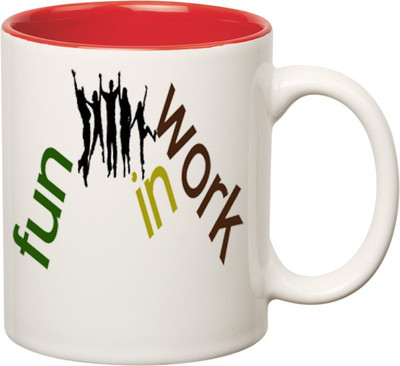 Huppme Fun In Work Inner Red Ceramic Mug(350 ml), Red;white
