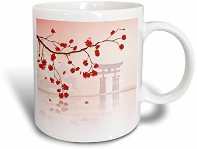 

3dRose mug_116168_2 Beautiful Japanese Sakura Red Cherry Blossoms Branching Reflecting Over Water Oriental Vector Design Ceramic, 15-Ounce, White Ceramic Mug(60 ml)