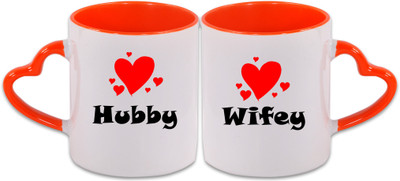 

kdt Hubby & Wifey Heart Handle Ceramic Mug(350 ml, Pack of 2), Multicolor