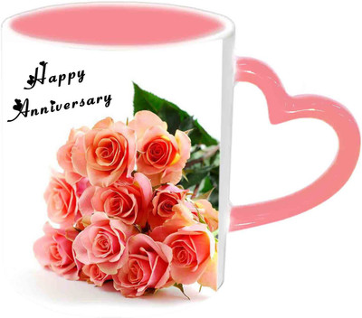 

Raj Laxmi Happy Anniversary With Beautiful Roses Pink Handle Ceramic Mug(350 ml)