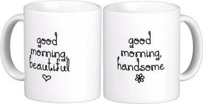 

ME&YOU Gift for Husband/Wife/Boyfriend/Girlfriend/Couples On Anniversary;Good morning beautiful and handsome Printed Ceramic Mug(650 ml, Pack of 2), Multicolor