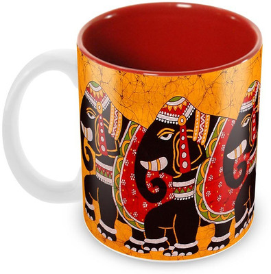 

Tuelip Beautiful Decorated Elephant Printed Inner Red For Tea And Coffee Ceramic Mug(350 ml), Multicolor