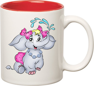 

HuppmeGift Cartoon Elephant inner Red Ceramic Mug(350 ml), Red;white