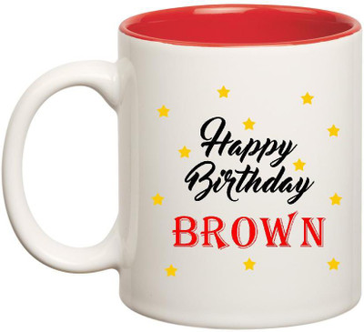 

Huppme Happy Birthday Brown Inner Red Ceramic Mug(350 ml), Red;white