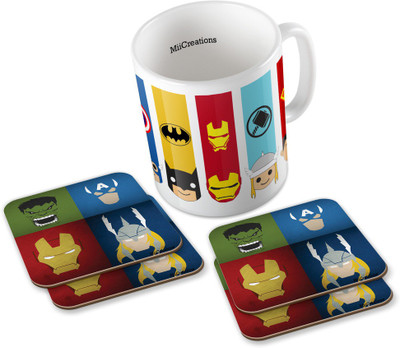 

MiiCreations Printed Superheroes (1 Ceramic + 4 MDF Coaster) Coaster Coffee Set Ceramic Mug(325 ml, Pack of 5), Multicolor