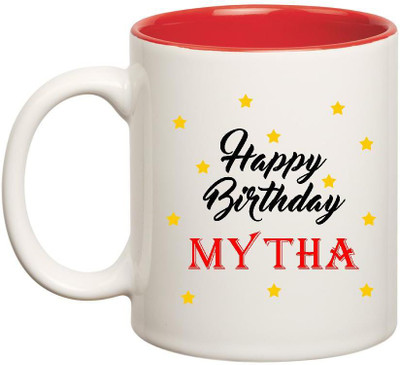 

Huppme Happy Birthday Mytha Inner Red Ceramic Mug(350 ml), Red;white