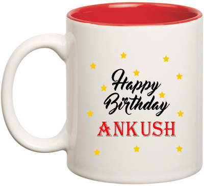 

Huppme Happy Birthday Ankush Inner Red Ceramic (350ml) Ceramic Mug(350 ml), Red;white
