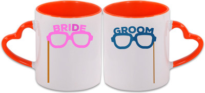 

KDT Bride & Groom Heart Handle Ceramic Mug(350 ml, Pack of 2), Multicolor