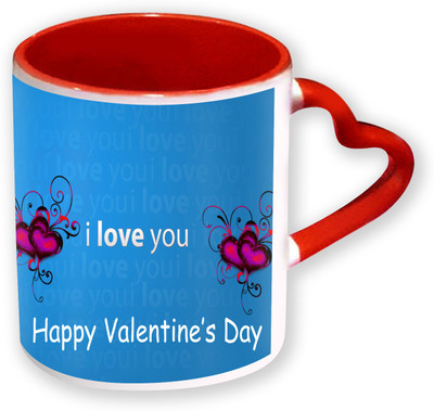 

Heyworlds Happy Valentine Day Gifts Heart Shape Red Color with Handle 26 Ceramic Mug(325 ml), Multicolor