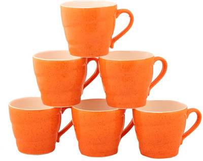

Aarzool Duo Tone Twisted Line Pottery Mug(200 ml, Pack of 6), Orange;white
