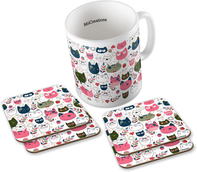 

MiiCreations Printed Cute Cat Faces (1 Ceramic + 4 MDF Coaster) Coaster Coffee Set Ceramic Mug(325 ml, Pack of 5), Multicolor