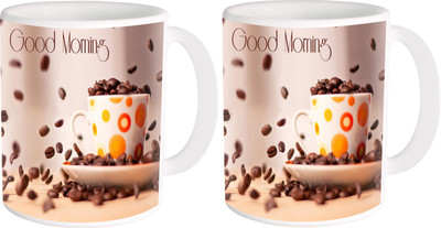 

Heyworlds gifts for good morning design 011 Ceramic Mug(325 ml, Pack of 2), Multicolor