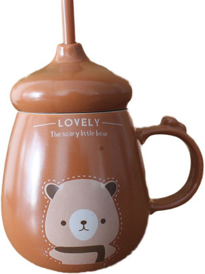 

GeekGoodies Chocolate Teddy Bear Milk Coffee With Straw Lid Cup Ceramic Mug(300 ml), Brown