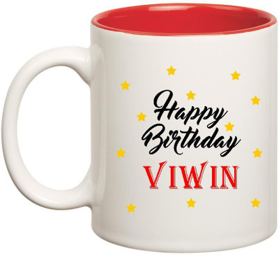 

Huppme Happy Birthday Viwin Inner Red Ceramic Mug(350 ml), Red;white