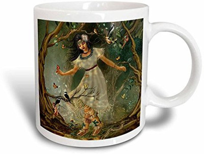 

3dRose Native American Girl In a Forest Surrounded by Birds and Butterflies, Ceramic, 15-Oz Ceramic Mug(60 ml), Multicolor