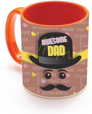 

SKY TRENDS Awesome Dad With Black Stylish Cap And Stylish Mustaches unique Gifts For Dad Happy Father's Day Inner Orange Color Ceramic Mug(320 ml), Orange;white
