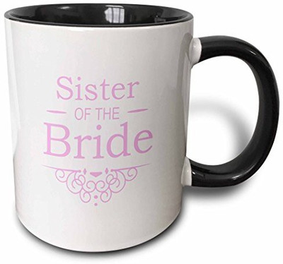 

3dRose mug_151569_4 Sister of The Bride in Pink Wedding Part of Matching Marriage Party Ceremony Set Fancy Swirls Two Tone Black, 11 oz, Black/White Ceramic Mug(60 ml)
