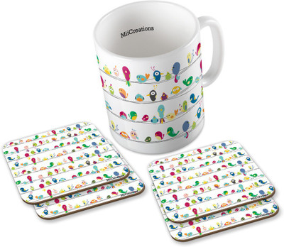 

MiiCreations Printed Birds Design (1 Ceramic + 4 MDF Coaster) Coaster Coffee Set Ceramic Mug(325 ml, Pack of 5), Multicolor
