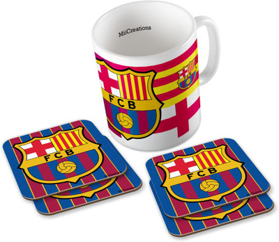 

MiiCreations Printed Barcelona Football Club (1 Ceramic + 4 MDF Coaster) Coaster Coffee Set Ceramic Mug(325 ml, Pack of 5), Multicolor