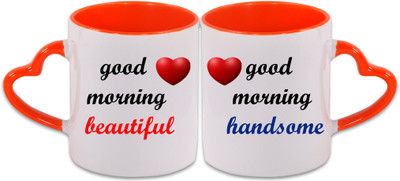 

KDT Good Morning Beautiful & Handsome Heart Handle Ceramic Mug(350 ml, Pack of 2), Multicolor