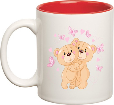 

Huppme Teddy Bear Love Inner Red Ceramic Mug(350 ml), Red;white