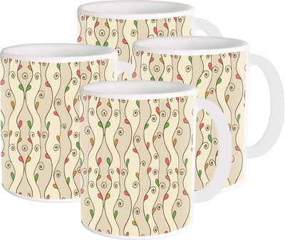

Heyworlds flower design 06 Ceramic Mug(325 ml, Pack of 4), Multicolor