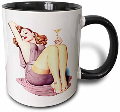 3dRose Print of Elvgren Pinup with Champagne Two Tone Black, 11 oz, Black/White Ceramic Mug(60 ml), Multicolor