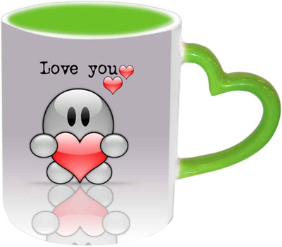 Raj Laxmi Love You Smiley Green Handle Valentine Ceramic Mug(350 ml)