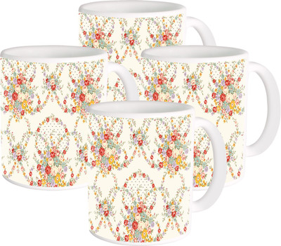 

Heyworlds flower design 12 Ceramic Mug(325 ml, Pack of 4), Multicolor