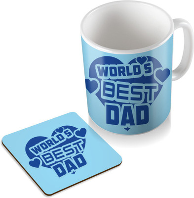 

SKY TRENDS World 's Best Dad With Blue Heart Gifts For Father's Day Coaster Coffee Set Ceramic Mug(320 ml, Pack of 2), White