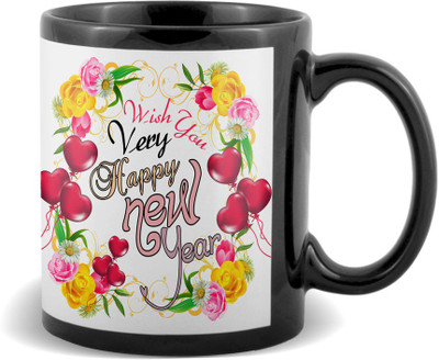 

SKY TRENDS Happy new year very colourful flower and heart combination gifts for boyfriend girlfriend friend Ceramic Mug(320 ml), Black