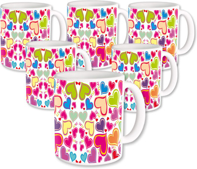 

Heyworlds Gifts for Love Heart Design set of six 04 Ceramic Mug(325 ml, Pack of 6), Multicolor