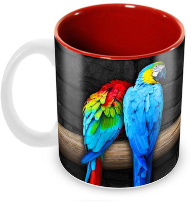 

Tuelip Beautiful Creative Designs Parrot Pair Printed Inner Red For Tea And Coffee Ceramic Mug(350 ml)