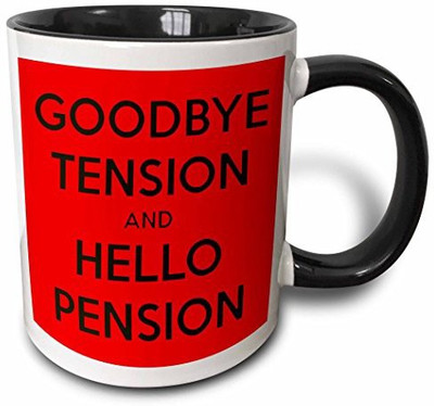 

3dRose Goodbye Tension and Hello Pension. Red and Black. Two Tone Black, 11 oz, Black/White Ceramic Mug(60 ml)