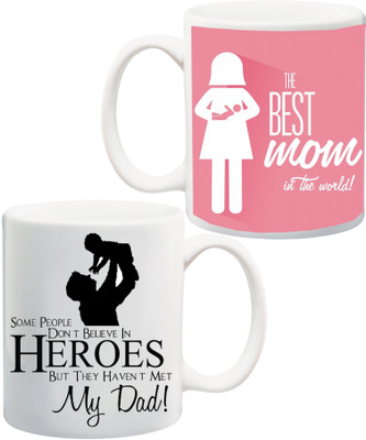

ME&YOU Unique Gift for Parents;My Hero is Dad and Best Mom in the World Printed Ceramic Mug(325 ml, Pack of 2), Multicolor