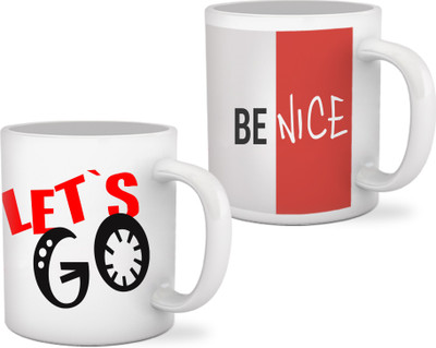 

ME&YOU Let's Go, Be Nice Printed Ceramic Mug(300 ml, Pack of 2), White