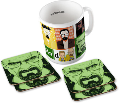 

MiiCreations Printed Breaking Bad (1 Ceramic + 4 MDF Coaster) Coaster Coffee Set Ceramic Mug(325 ml, Pack of 5), Multicolor