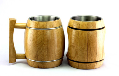 

Wood Trim Oak Wood Barrel & Hobbit BeerMugs Combo Style with Stainless Steel Insert Wood Mug(530 ml, Pack of 2), Brown