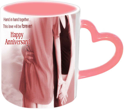 

Raj Laxmi Happy Anniversary With Love Content Pink Handle Ceramic Mug(350 ml)