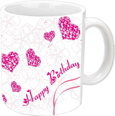 

Raj Laxmi Happy B'day With Pink Hearts White Ceramic Mug(3.5 ml)